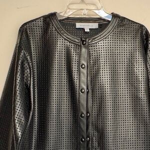 Perforated Faux Leather Cropped, Collarless Jacket